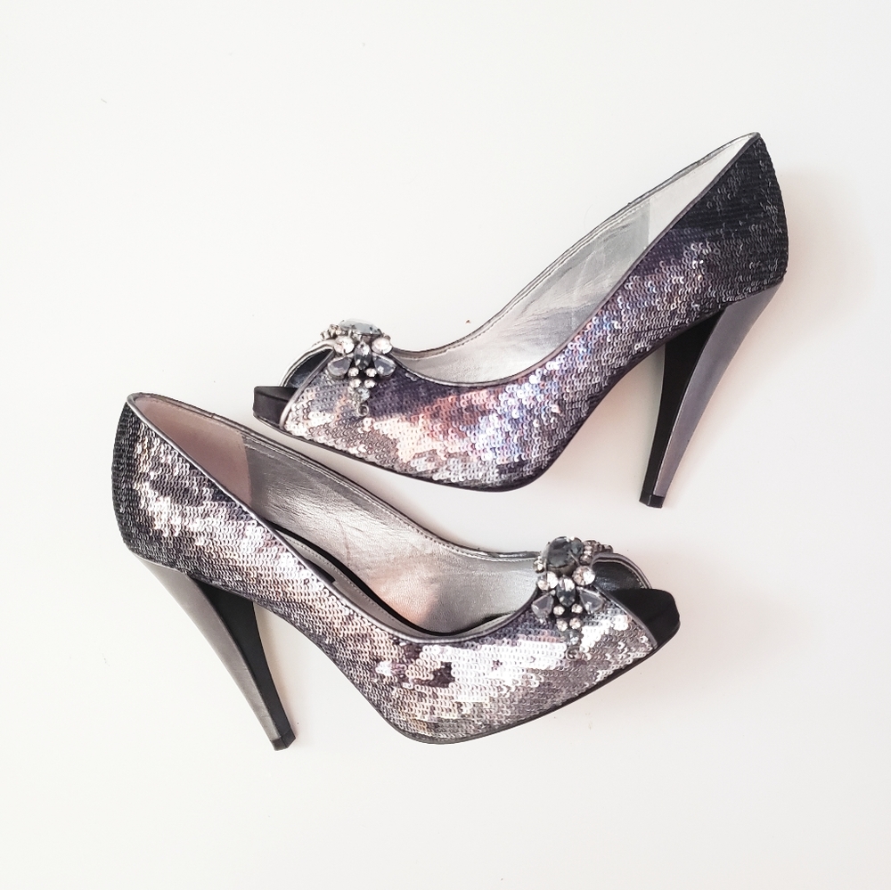 Nina New York Silver Sequin Peep ToeHeels